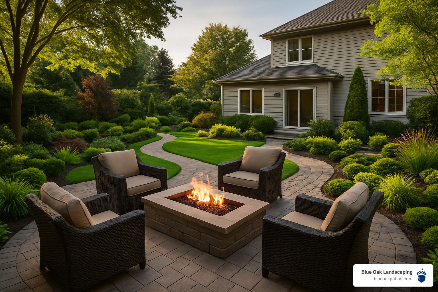 Completed backyard change showing integrated hardscape and landscape design with patio, fire feature, walkways, and lush plantings creating a resort-like outdoor oasis - hard scape