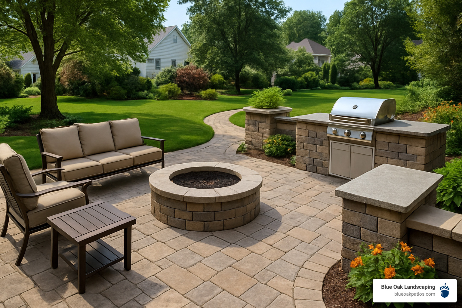 Collage showing various hardscape features including patio, fire pit, outdoor kitchen, walkway, and retaining wall - hard scape