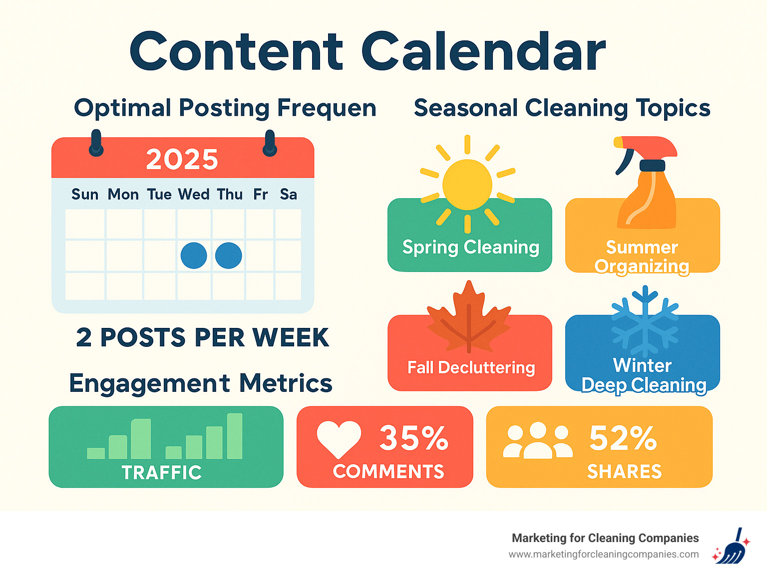 Content calendar infographic showing optimal posting frequency, seasonal cleaning topics, and engagement metrics for cleaning service blogs - best cleaning website design infographic Content calendar infographic showing optimal posting frequency, seasonal cleaning topics, and engagement metrics for cleaning service blogs - best cleaning website design infographic