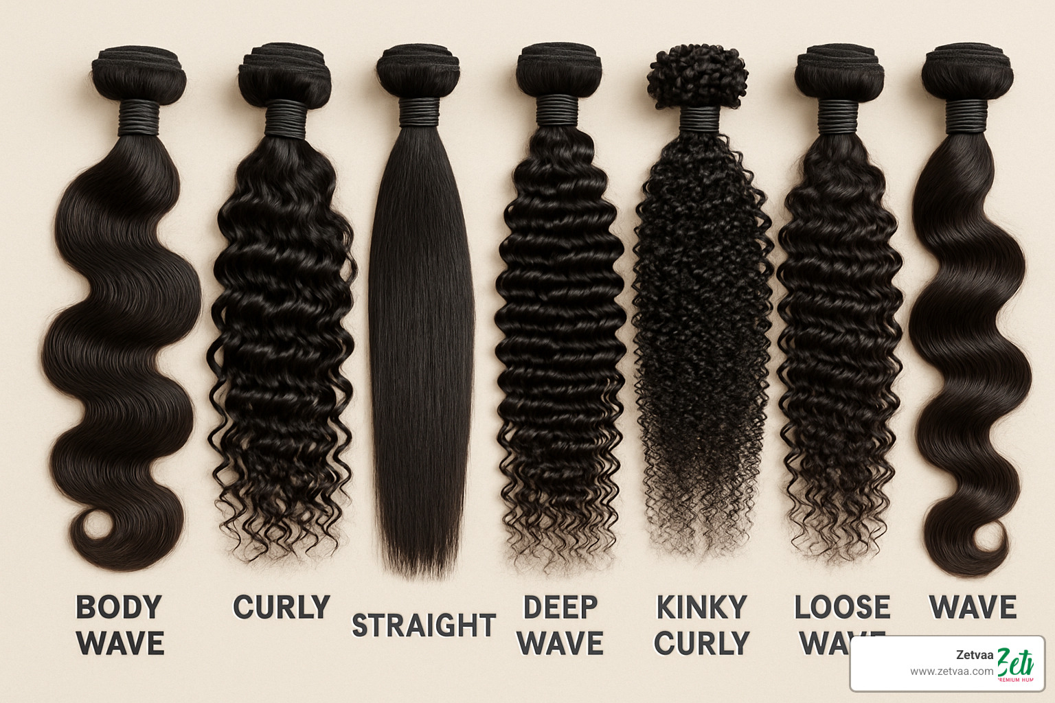 Seven different unprocessed human hair bundles displayed showing various textures including body wave, curly, straight, deep wave, kinky curly, and loose wave patterns - unprocessed human hair bundles