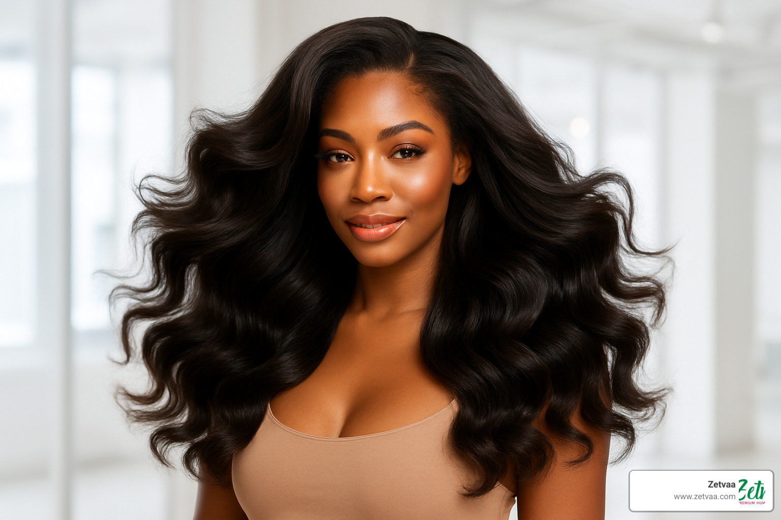 Glamorous finished look showing a model with beautifully styled unprocessed human hair bundles in a voluminous, flowing style with natural shine and movement - unprocessed human hair bundles