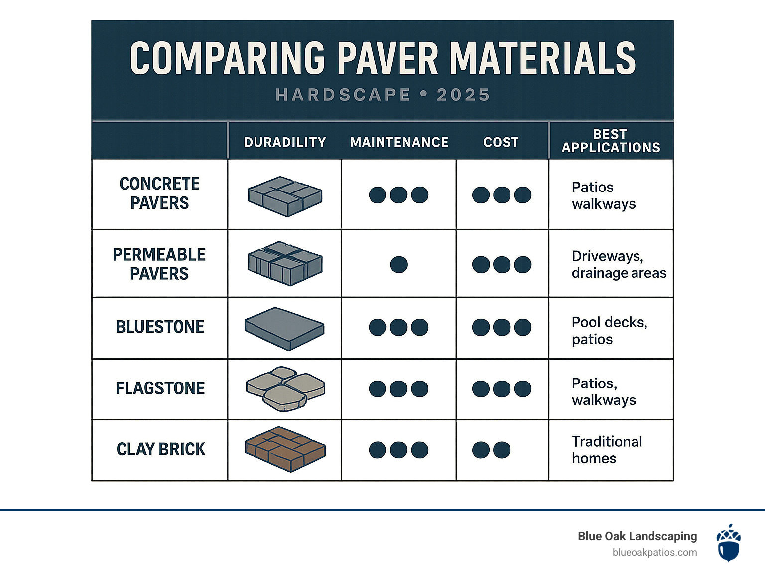 Infographic comparing different paver materials showing durability, maintenance requirements, cost factors, and best applications - hard scape infographic 