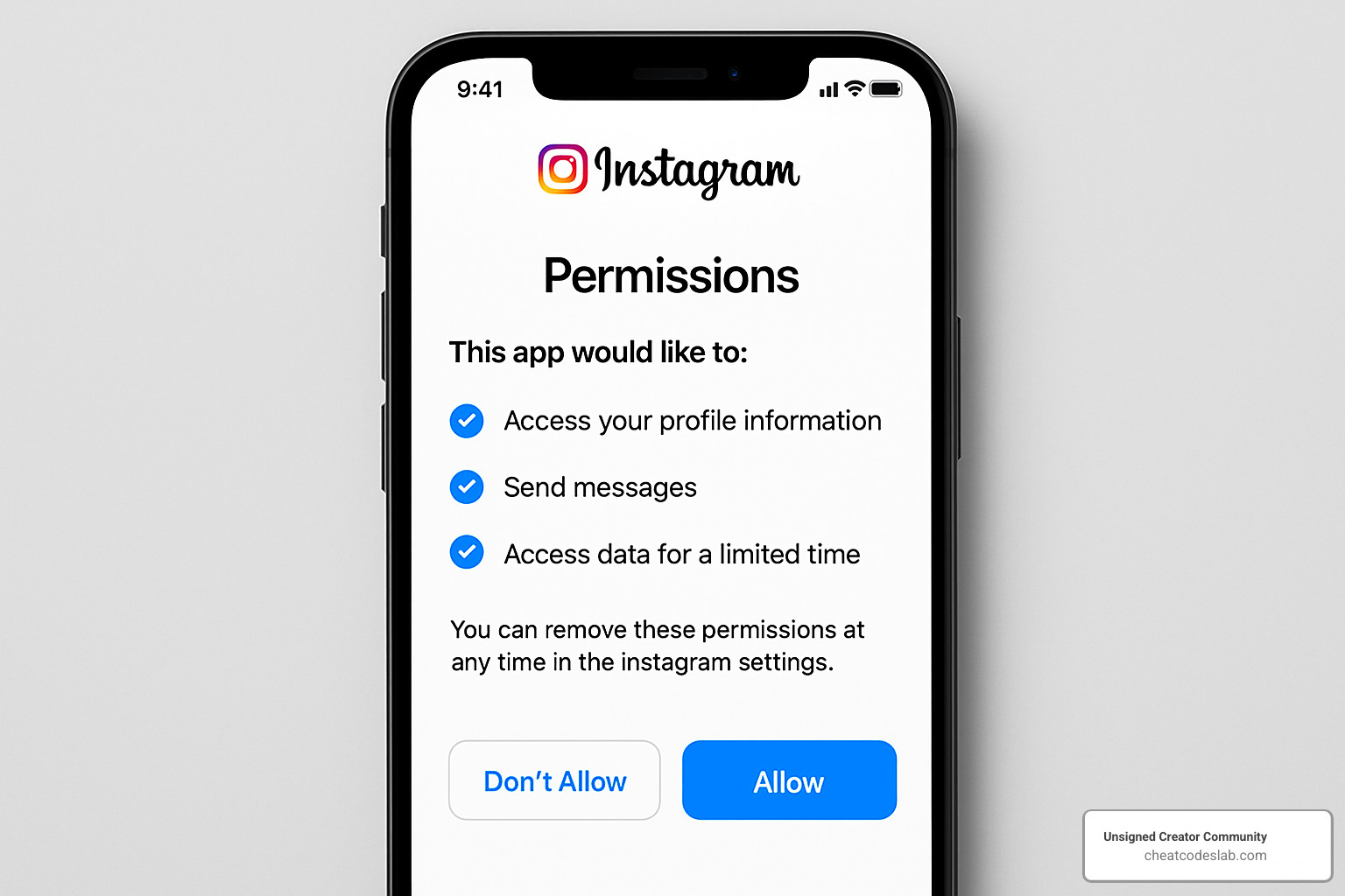 Instagram permissions screen showing app authorization options - follow and unfollow app