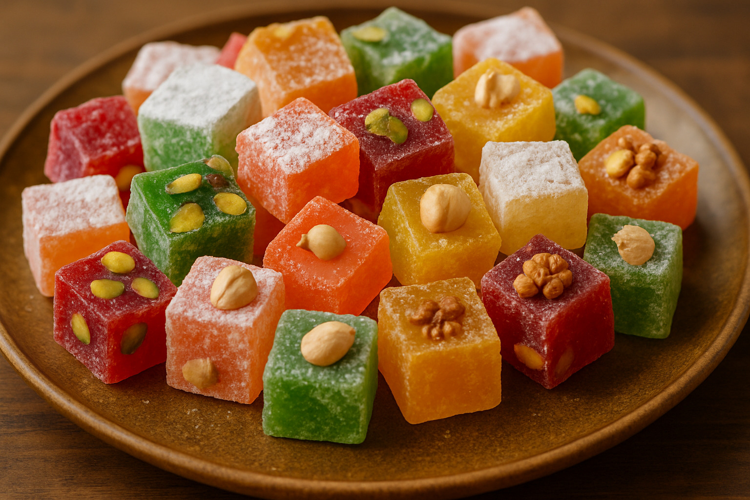 assorted Turkish delight cubes with various nuts and flavors - turkish delight