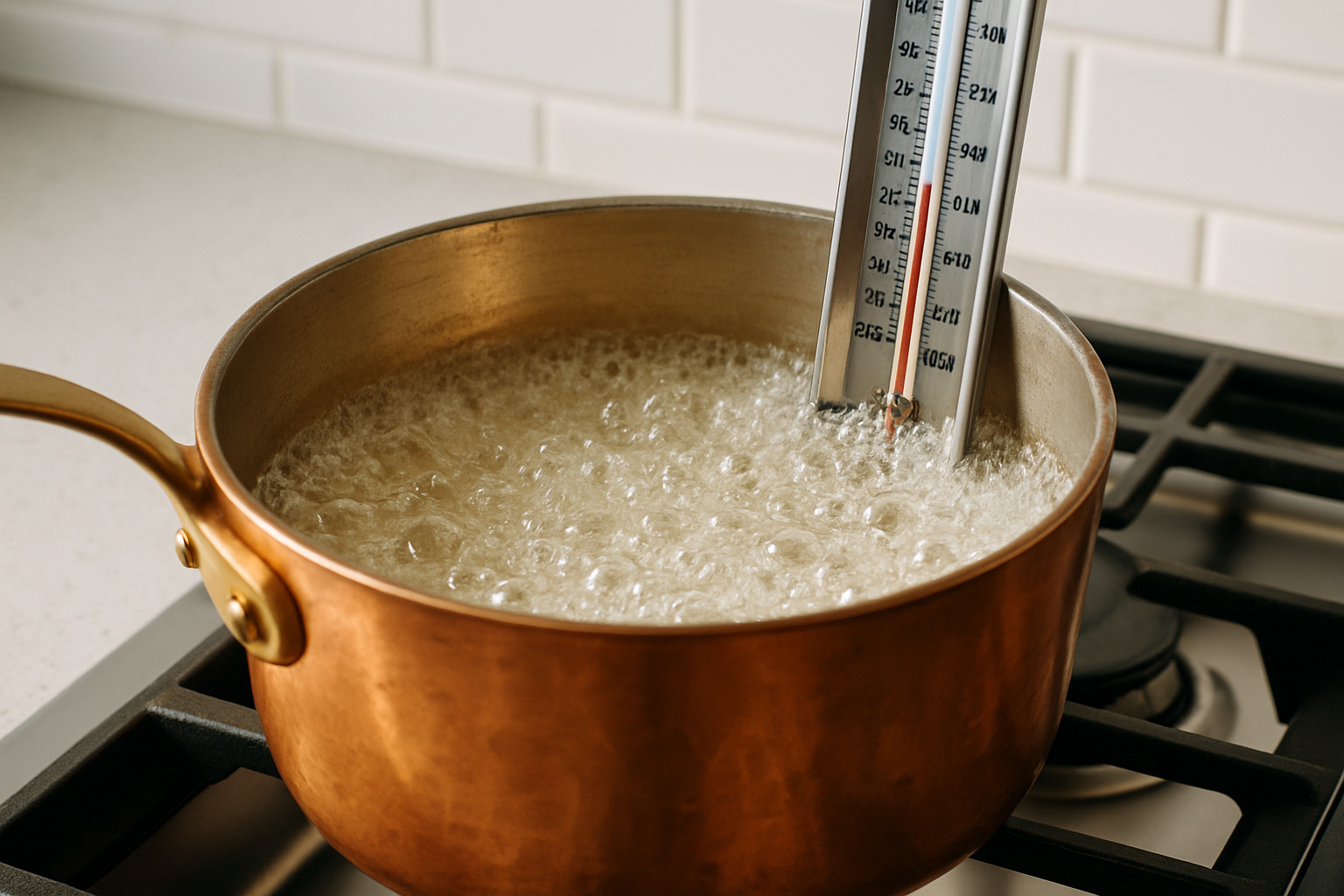 copper pot with boiling sugar syrup and candy thermometer - turkish delight