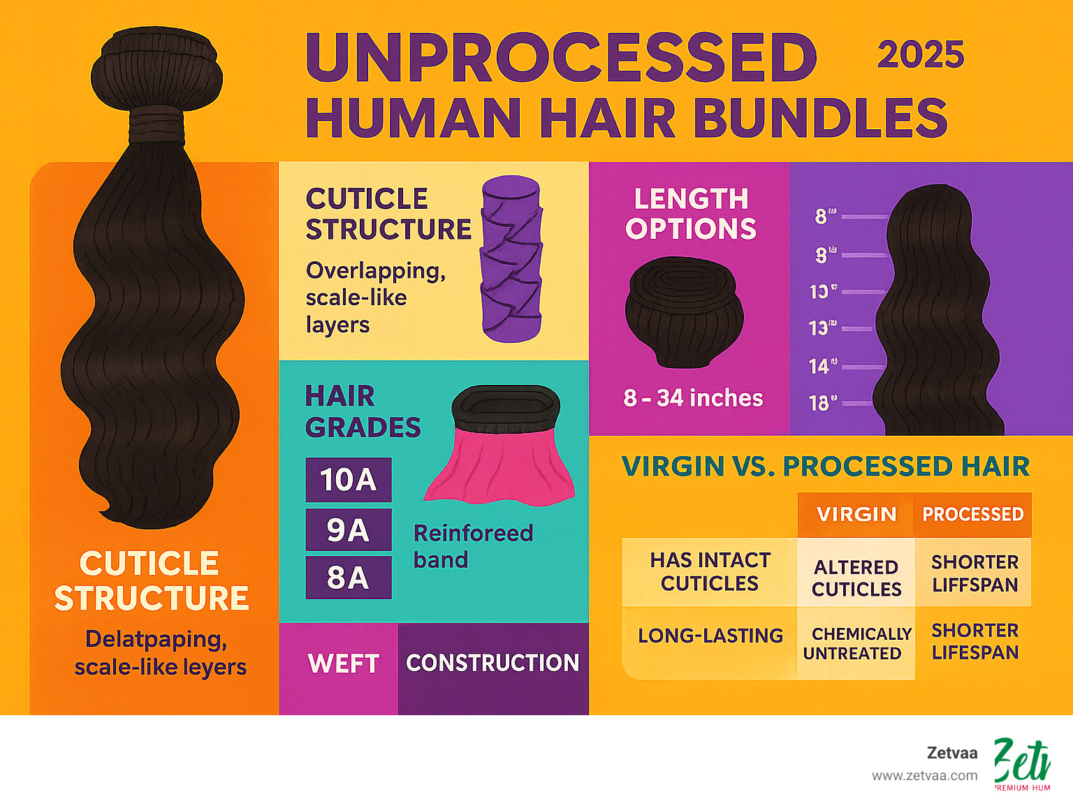 Detailed infographic showing the anatomy of unprocessed human hair bundles including cuticle structure, weft construction, hair grades, length options from 8-34 inches, and comparison between virgin vs processed hair characteristics - unprocessed human hair bundles infographic 