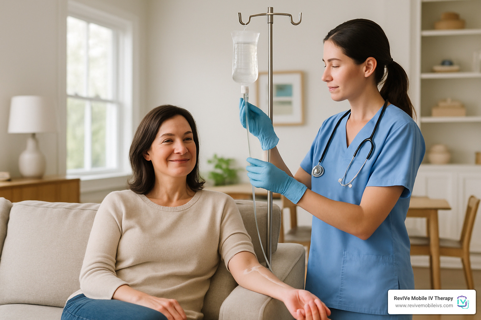 Comfortable patient receiving IV mobile therapy at home while relaxing on couch - iv mobile
