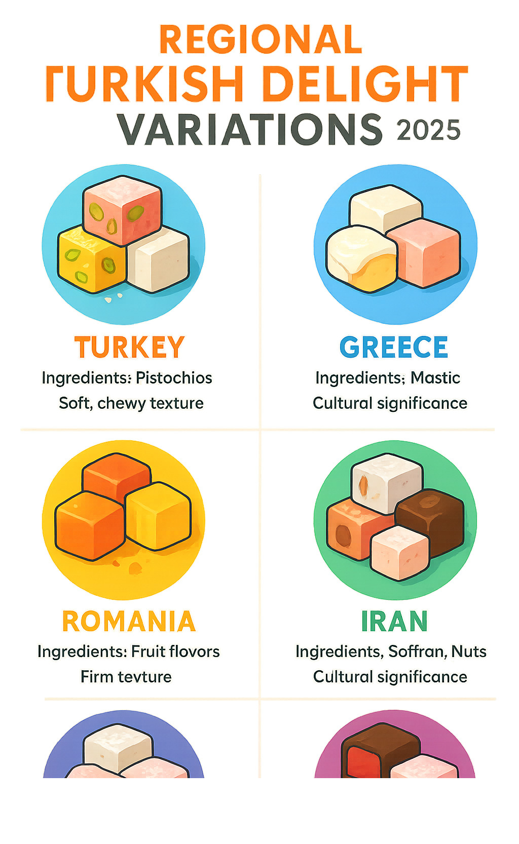 Infographic comparing regional Turkish delight variations showing ingredients, textures, and cultural significance across Turkey, Greece, Cyprus, Romania, Iran, and North America - turkish delight infographic 