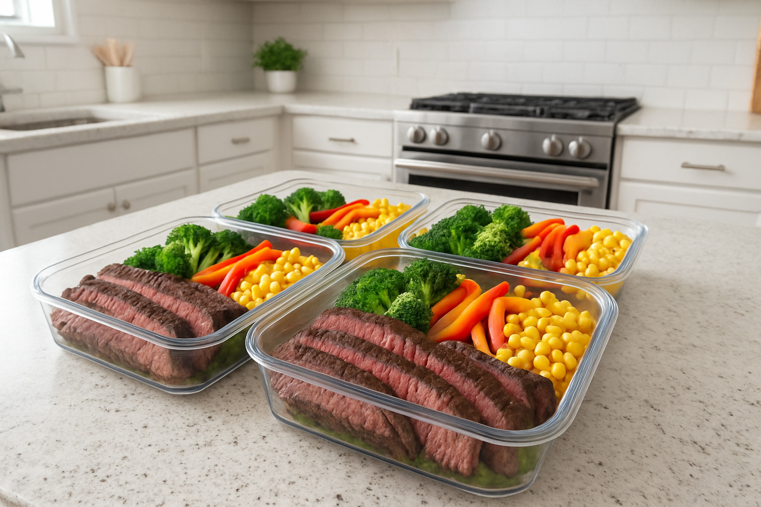 meal prep containers with sliced skirt steak and vegetables - skirt steak