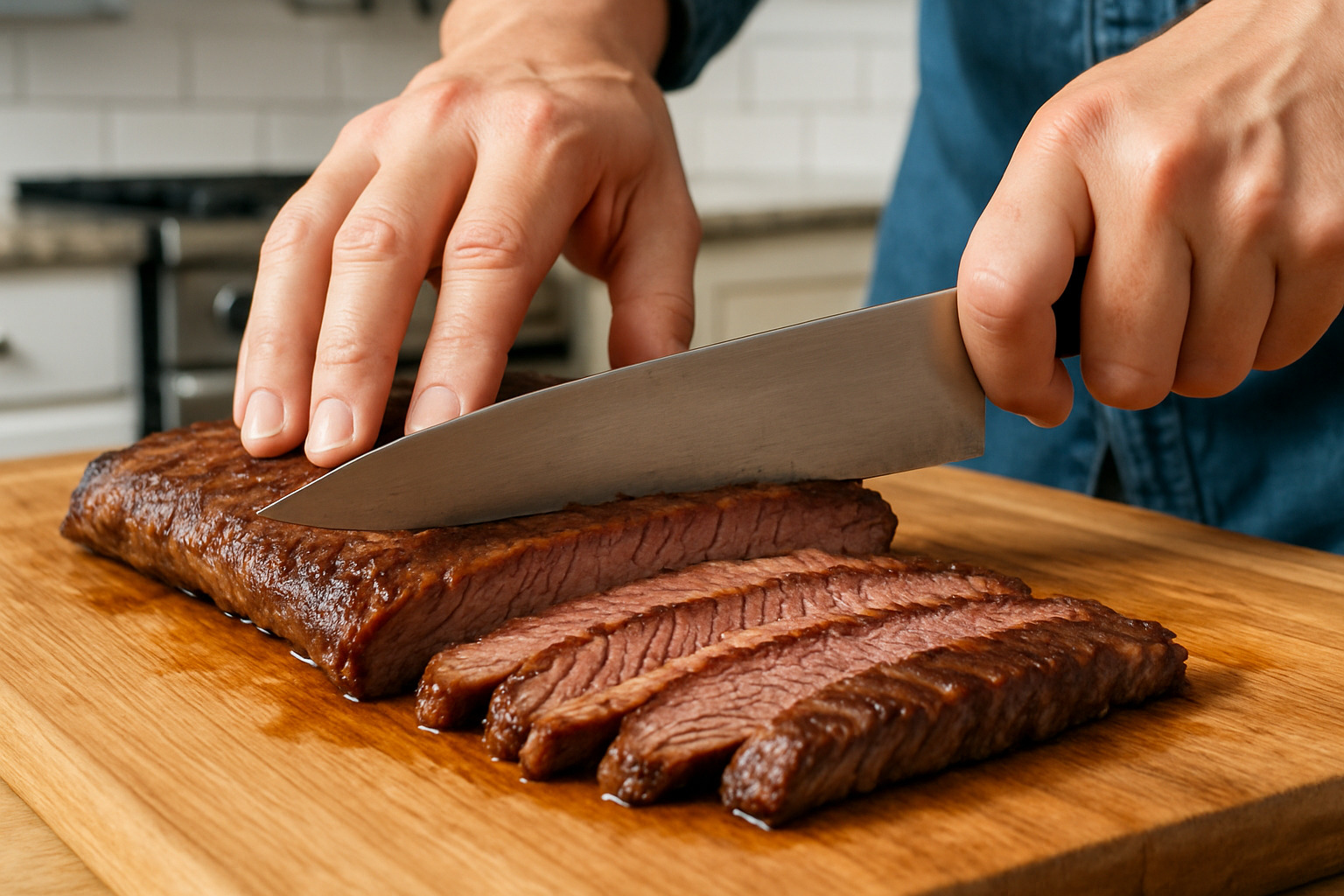 demonstration of proper skirt steak slicing technique on cutting board - skirt steak