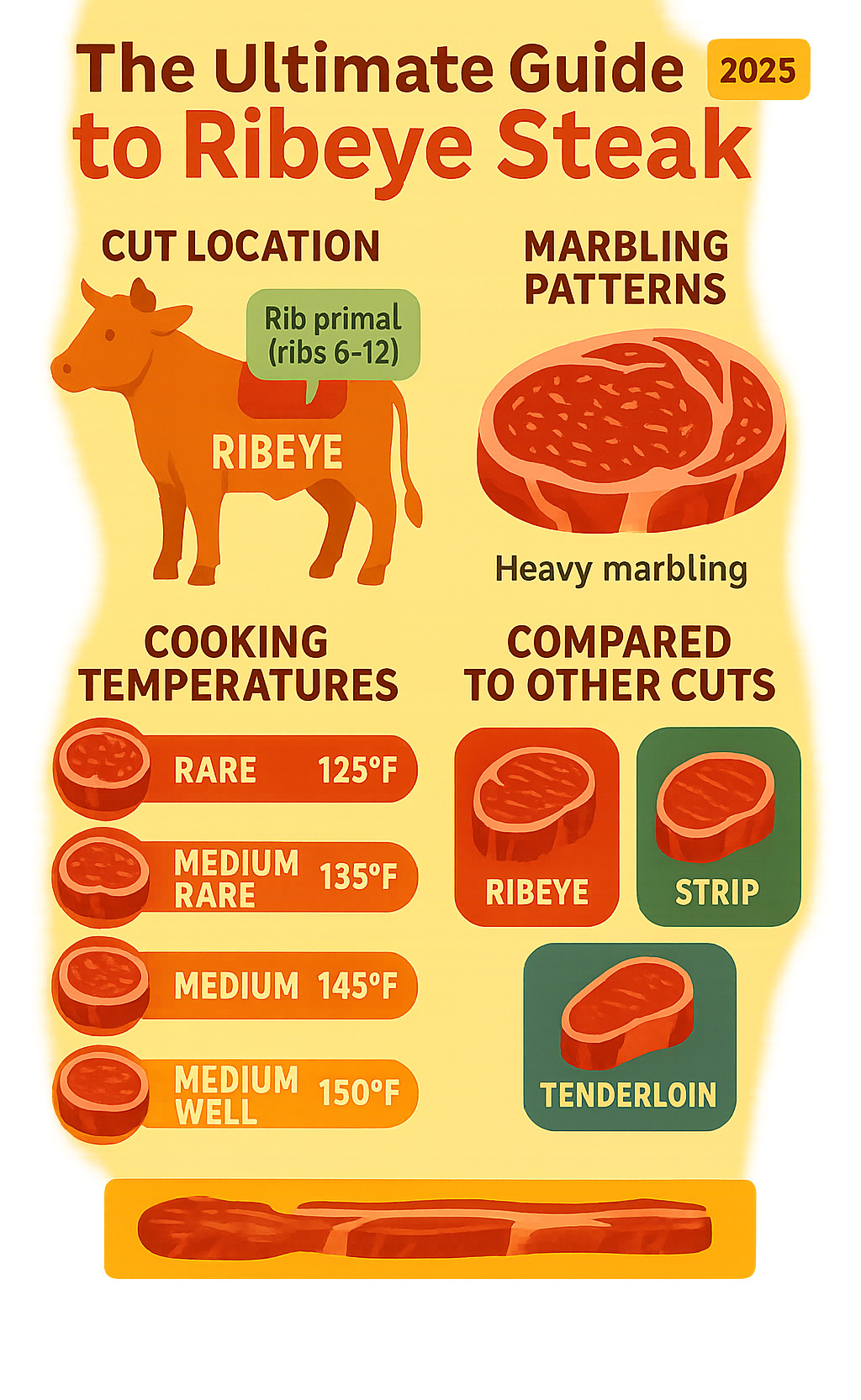 Detailed infographic showing ribeye steak cut location on cow anatomy, marbling patterns, cooking temperature guide, and comparison with other premium steak cuts - ribeye steak infographic Detailed infographic showing ribeye steak cut location on cow anatomy, marbling patterns, cooking temperature guide, and comparison with other premium steak cuts - ribeye steak infographic
