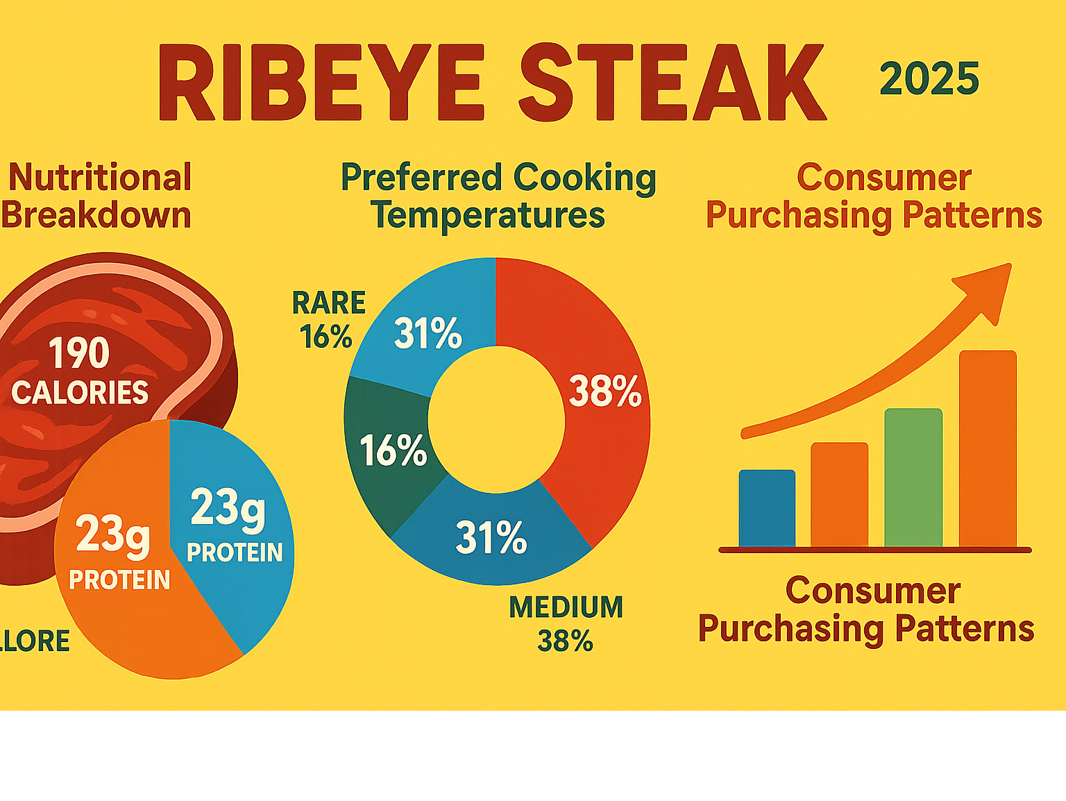 Statistical breakdown of ribeye steak nutritional content, cooking temperature preferences, and consumer purchasing patterns - ribeye steak infographic Statistical breakdown of ribeye steak nutritional content, cooking temperature preferences, and consumer purchasing patterns - ribeye steak infographic