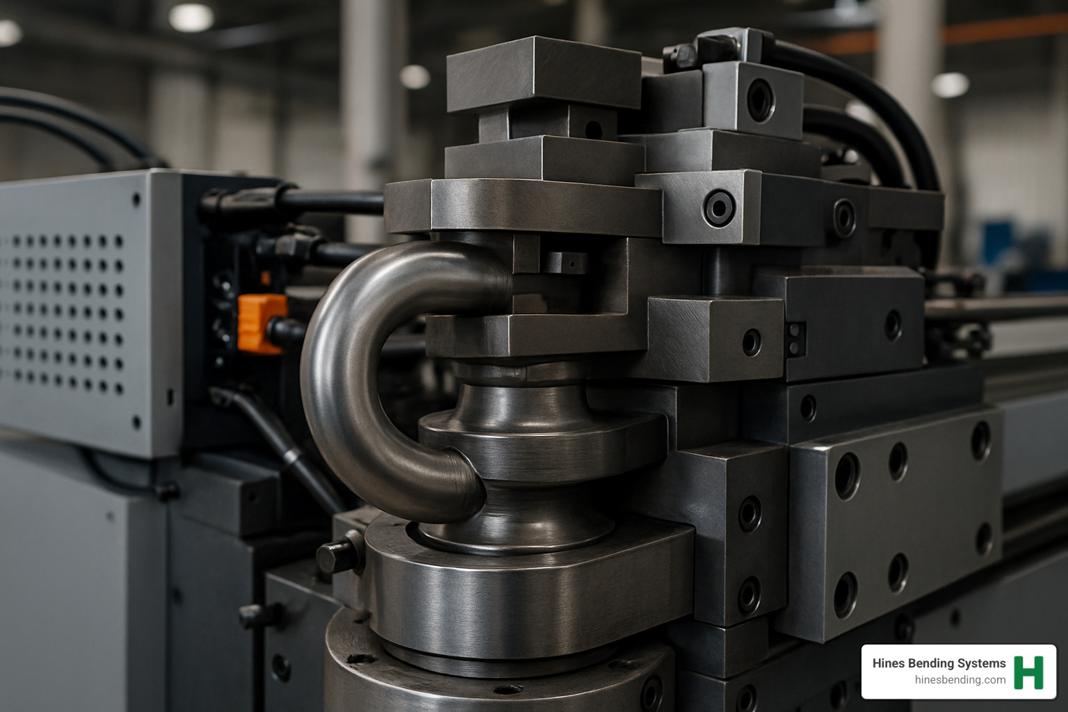 Close-up view of CNC bending head with tooling components - what is cnc tube bending