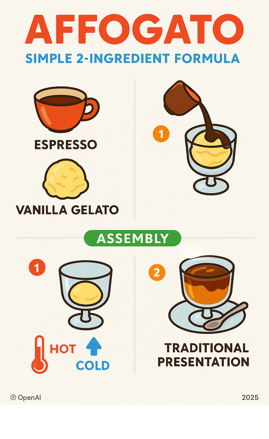Infographic showing affogato's simple 2-ingredient formula with step-by-step assembly process, temperature contrast diagram, and traditional Italian serving presentation - affogato infographic 