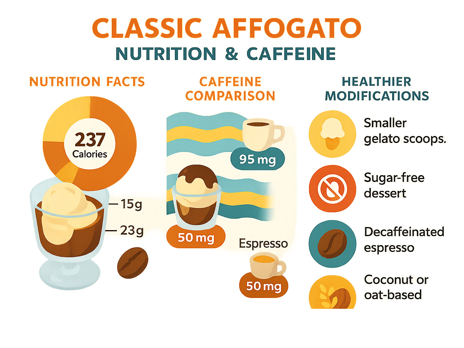 Infographic showing nutritional breakdown of classic affogato with calorie distribution, caffeine content comparison to other coffee drinks, and healthier modification options - affogato infographic 