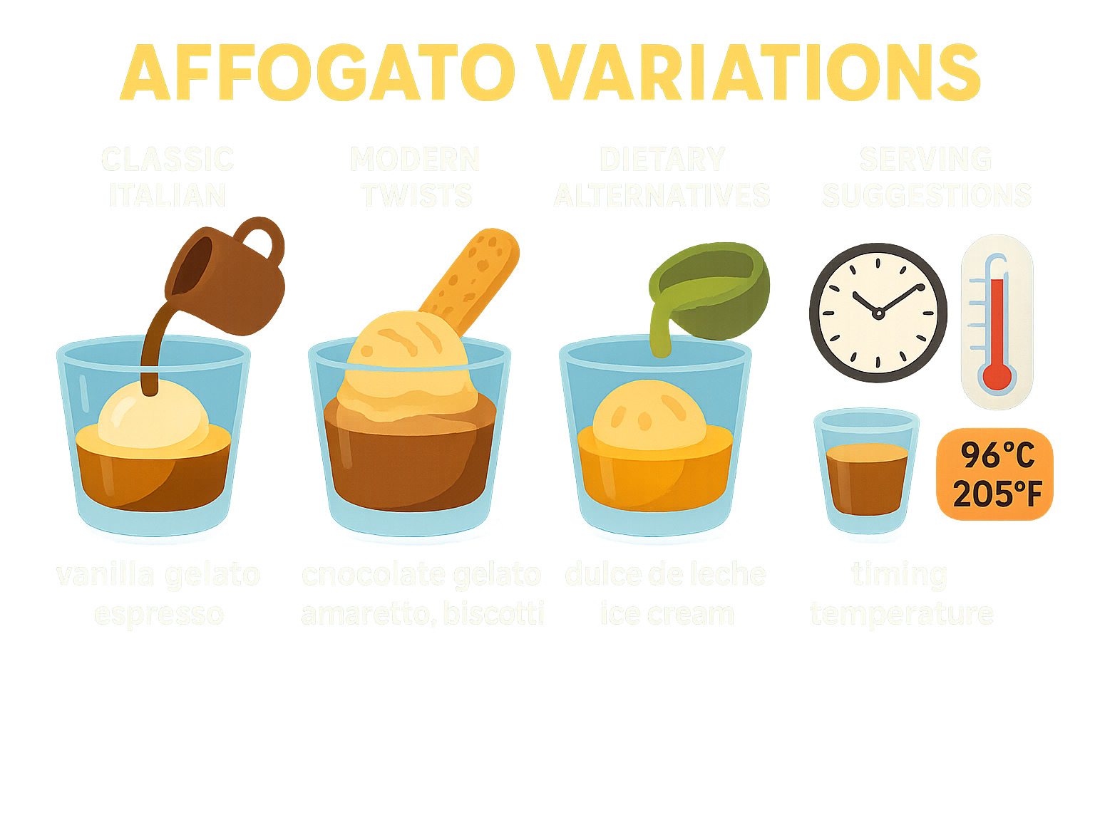 Infographic summarizing affogato variations including classic Italian, modern twists, dietary alternatives, regional adaptations, and serving suggestions with timing and temperature guidelines - affogato infographic 