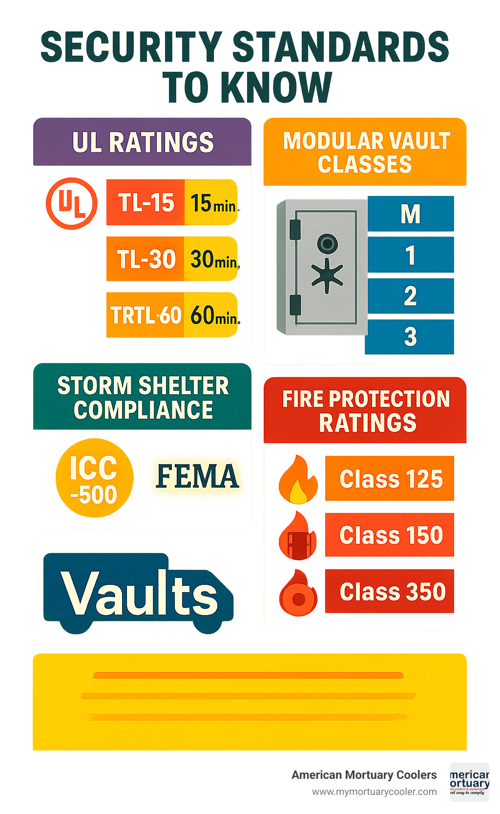 Security certification standards comparison showing UL ratings from TL-15 to TRTL-60, modular vault classes M through 3, storm shelter compliance with ICC-500 and FEMA standards, and fire protection ratings for different media types - vaults for sale infographic 