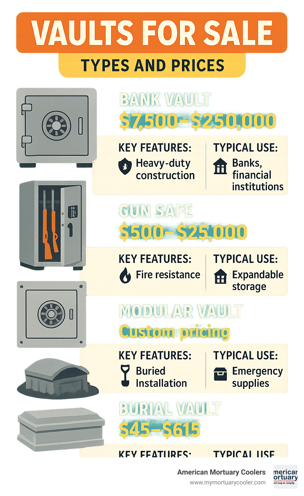 Comprehensive breakdown of vault types available for purchase, including bank vaults ranging from $7,500-$250,000, gun safes from $500-$25,000, modular vault systems with custom pricing, underground storage vaults for $95-$200, and burial vaults from $45-$615, with key features and typical use cases for each category - vaults for sale infographic 