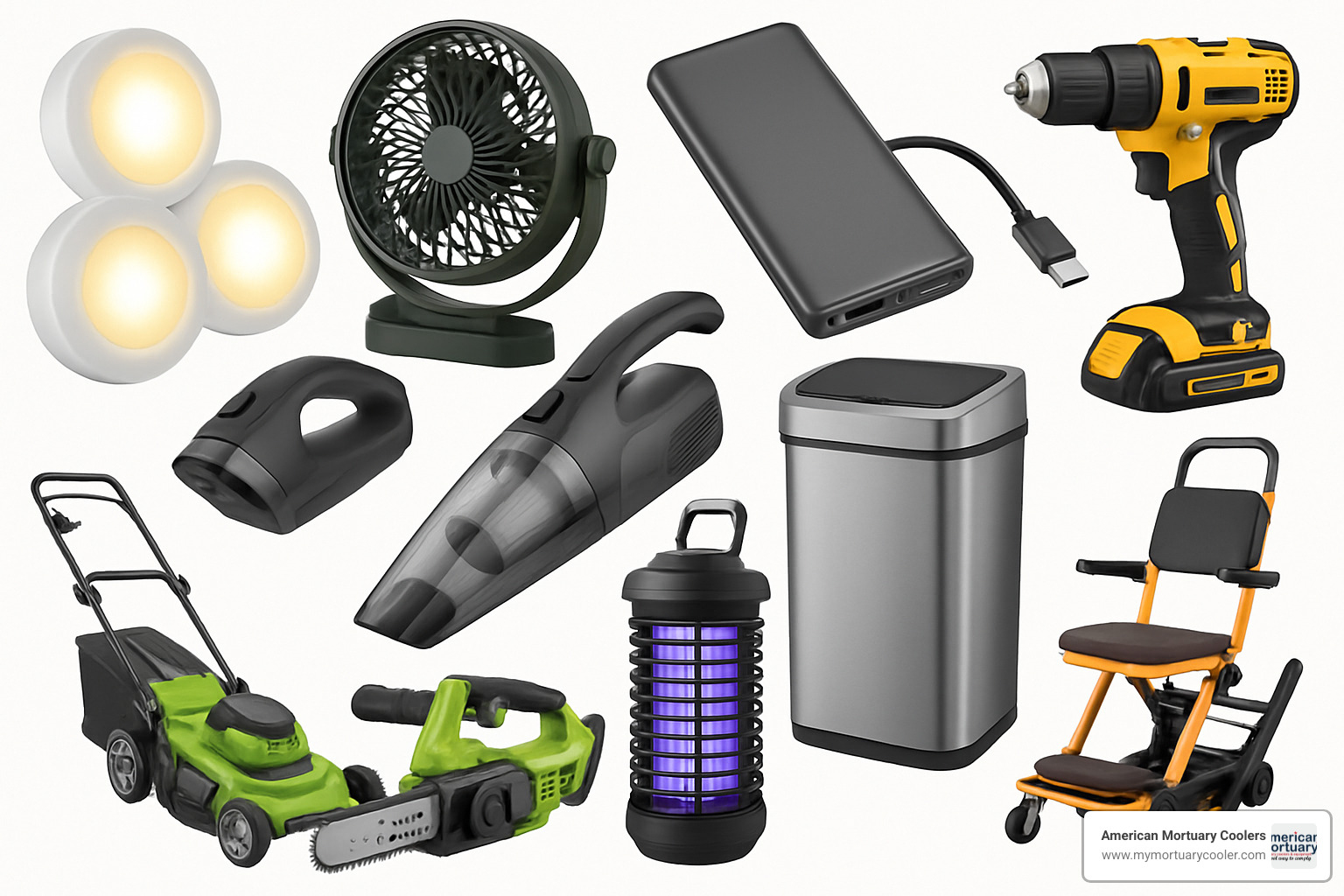 Collage showing the top 10 battery operated products including puck lights, camping fans, power banks, cordless tools, vacuums, trash cans, lawn mowers, chainsaws, bug zappers, and stair chairs - battery operated
