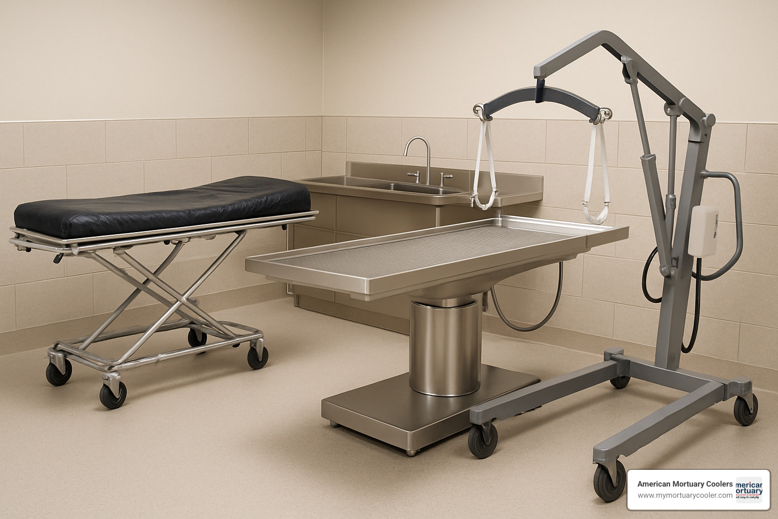 popular mortuary equipment including stretchers, embalming tables, and lifting equipment - mortuary-mall-supply-