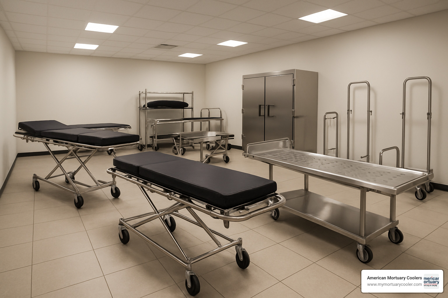 mortuary equipment showcase including stretchers, embalming tables, and transport equipment - mortuary-mall-supply-