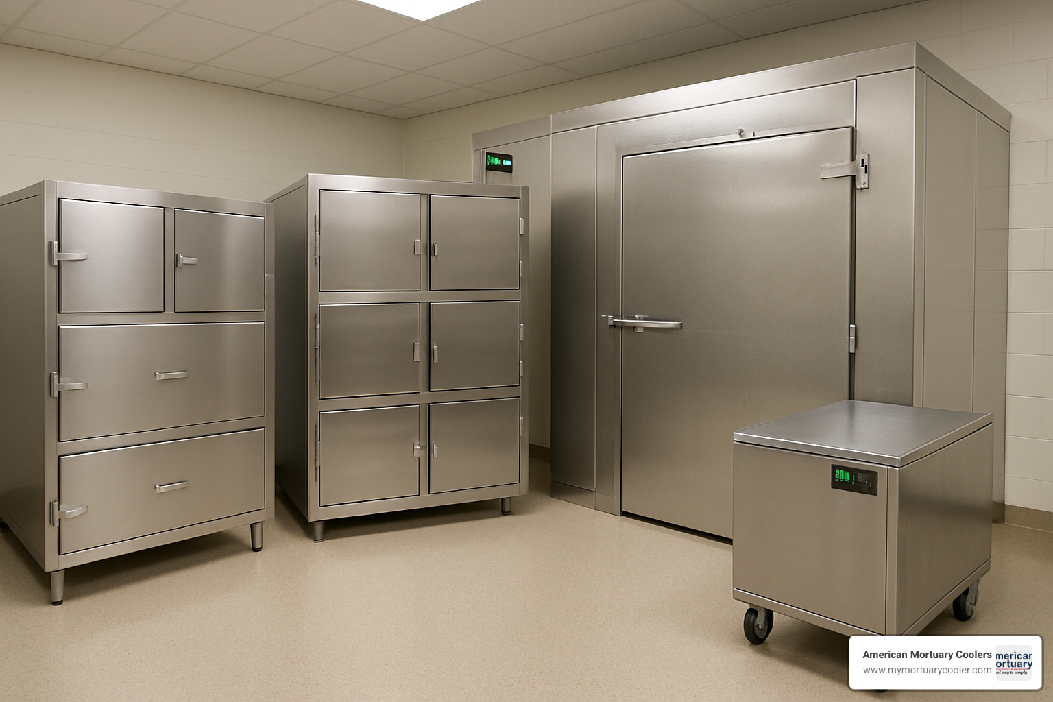 Various mortuary chamber configurations including 3-body cabinets, 6-body units, modular walk-in coolers, and portable body boxes - mortuary-chamber