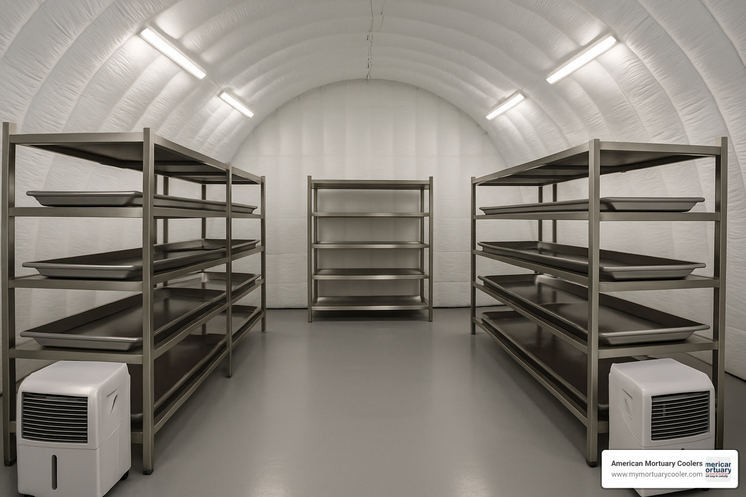 Interior view of mortuary dome showing organized rack system with body storage trays - mobile morgues