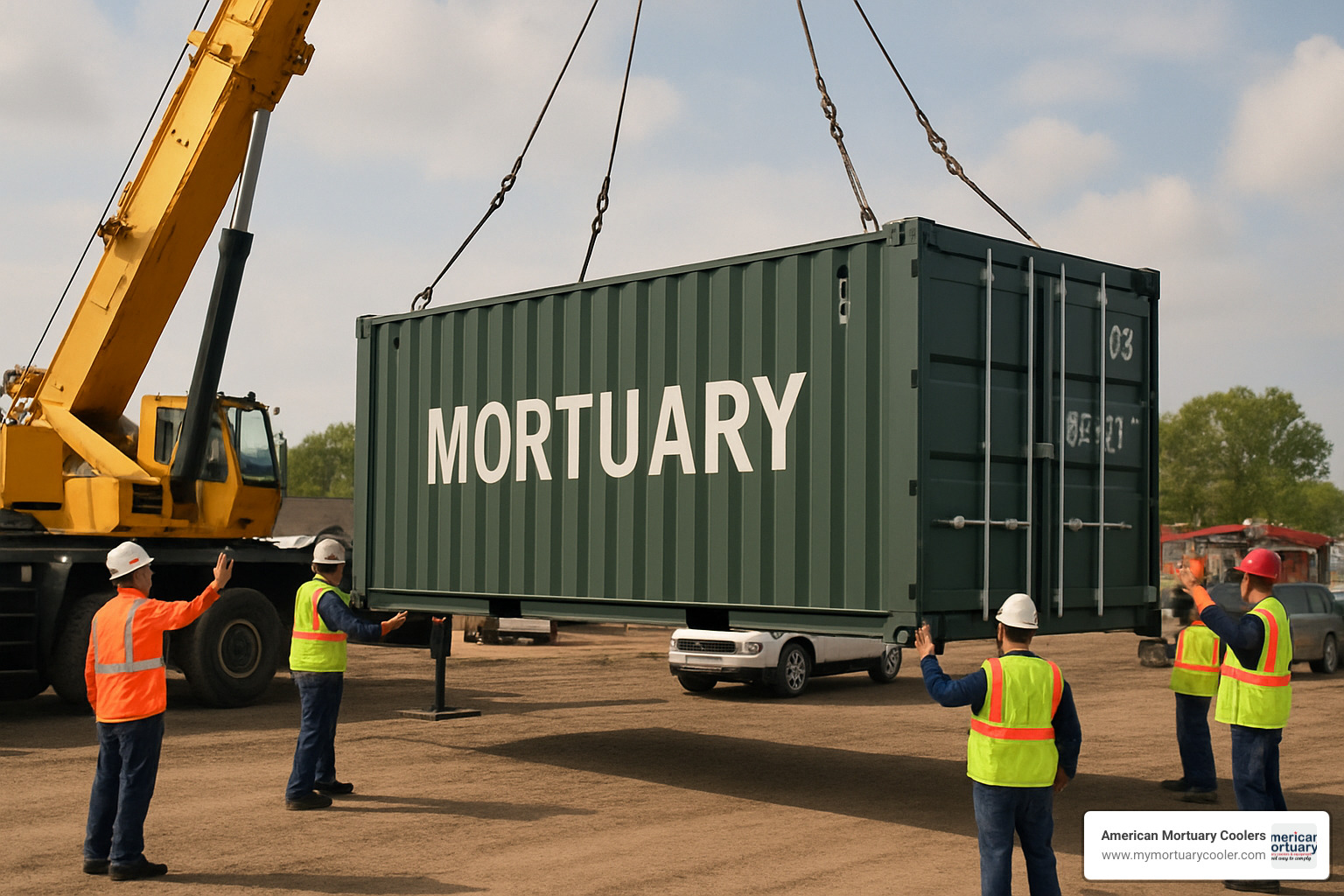 ISO container mortuary being positioned by crane at emergency response site - mobile morgues