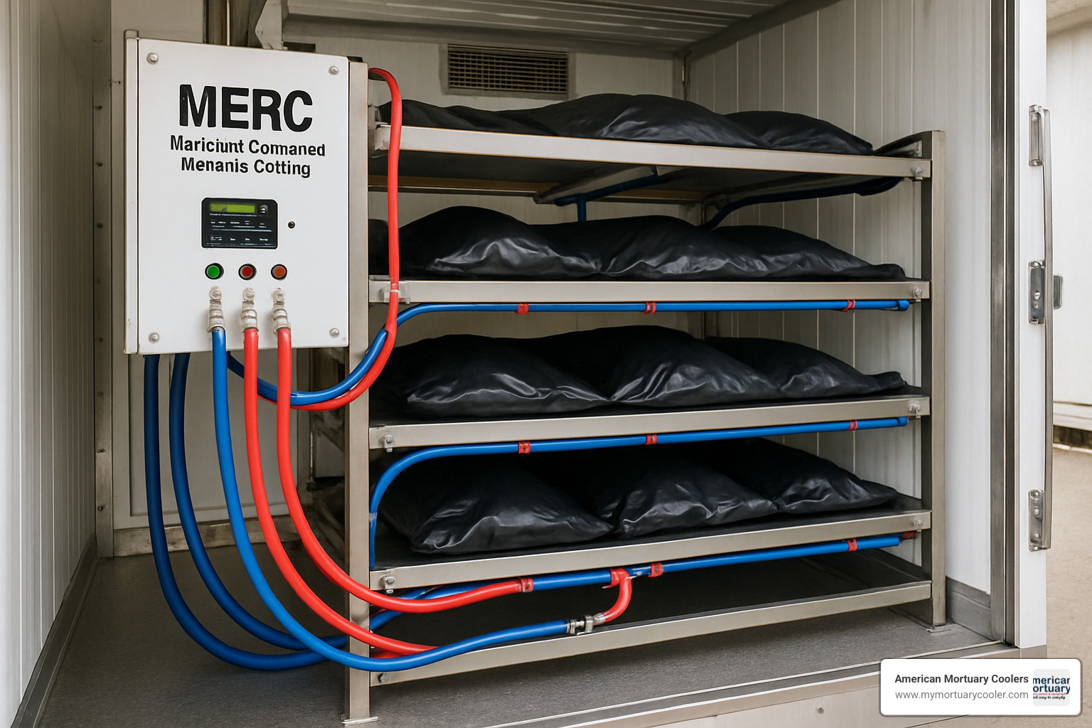 MERC liquid cooling system rack in operation showing direct contact cooling technology - mobile morgues