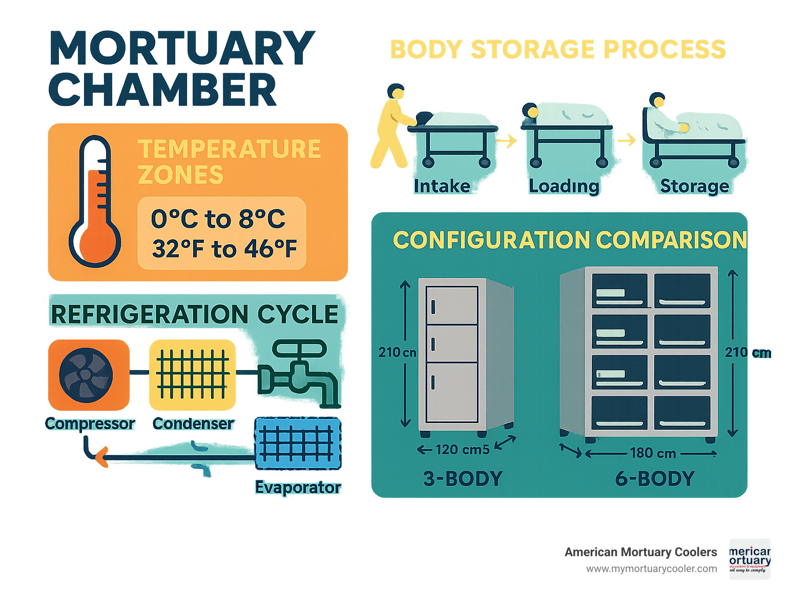 Detailed workflow infographic showing mortuary chamber temperature zones, body storage process from intake to release, refrigeration cycle components, and comparison between 3-body vs 6-body configurations with dimensions and capacity specifications - mortuary-chamber infographic 