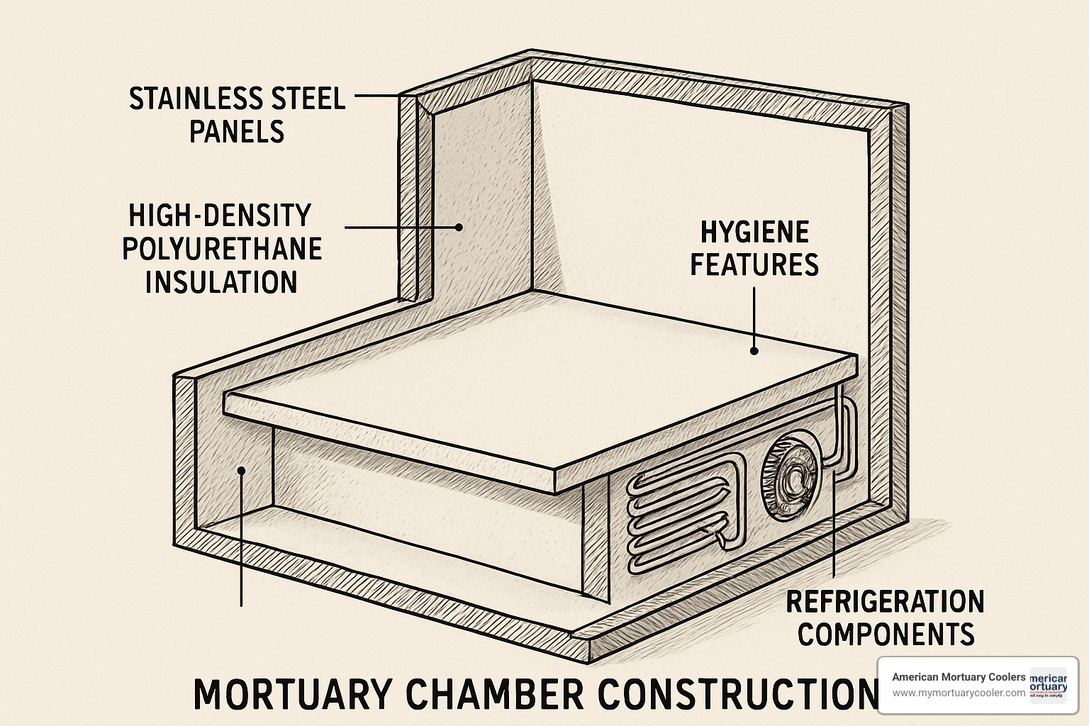 Cross-section diagram of mortuary chamber construction showing stainless steel panels, polyurethane insulation layers, refrigeration components, and hygiene features - mortuary-chamber