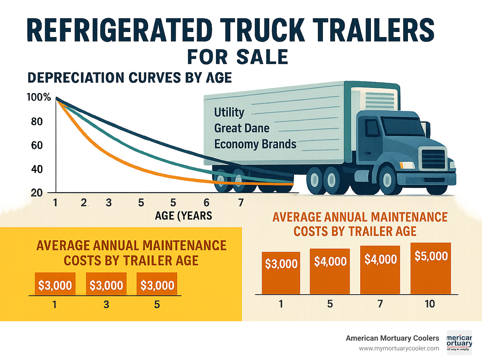 Statistical infographic showing refrigerated trailer depreciation curves by age, with separate lines for different brands showing how Utility and Great Dane trailers retain value better than economy brands, plus average annual maintenance costs by trailer age - refrigerated truck trailers for sale infographic 
