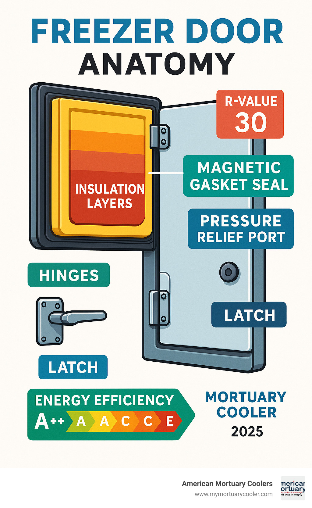 Comprehensive freezer door anatomy showing insulation layers, magnetic gasket seal, pressure relief port, hinges, and latch mechanisms with R-value specifications and energy efficiency ratings - freezer door infographic 