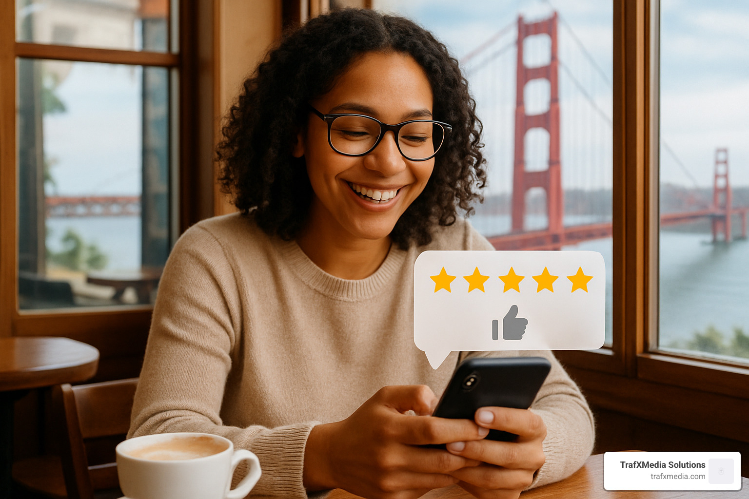 Customer leaving a positive review on smartphone - SEO for small businesses in San Francisco