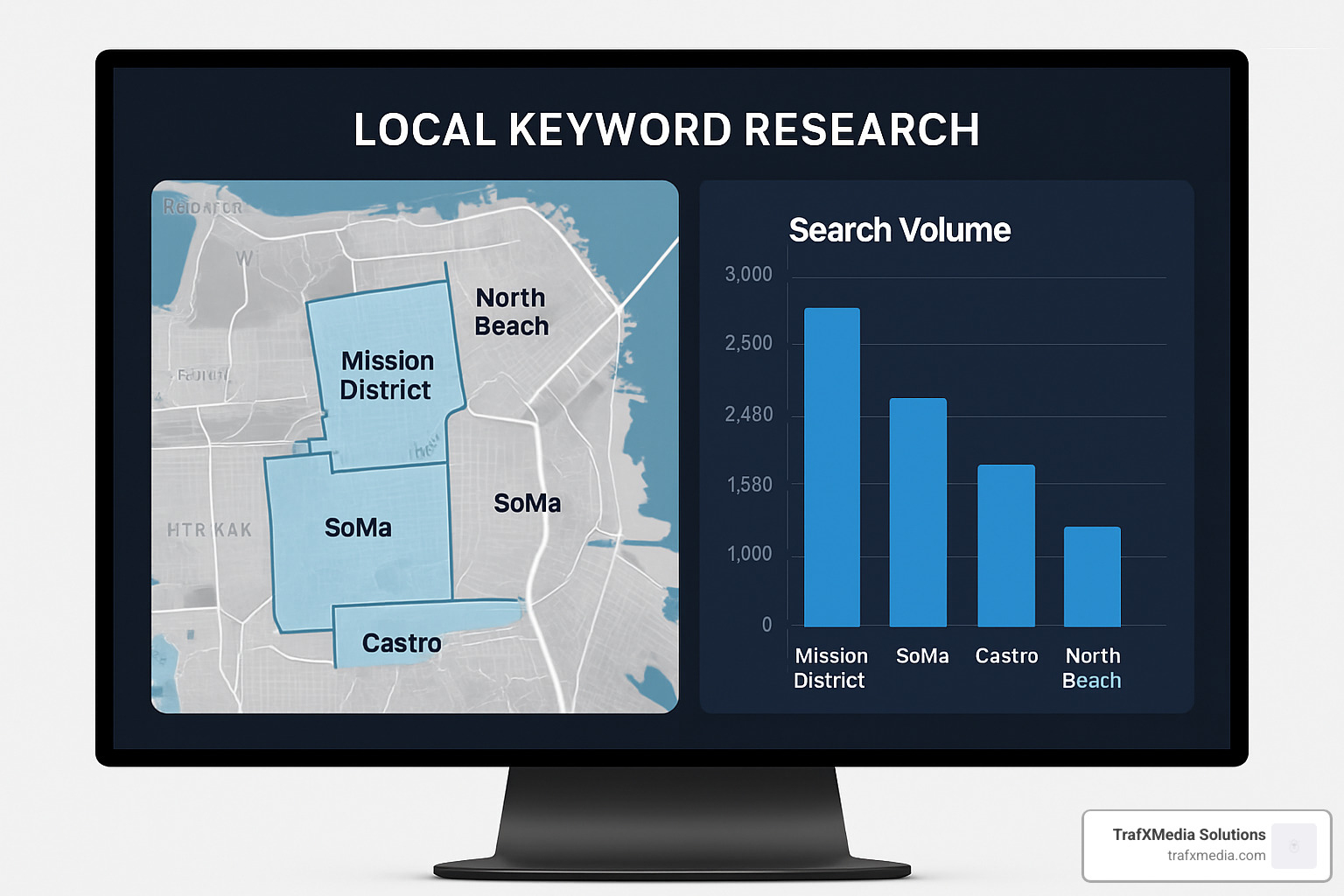 Local keyword research dashboard showing San Francisco neighborhood search volumes - SEO for small businesses in San Francisco