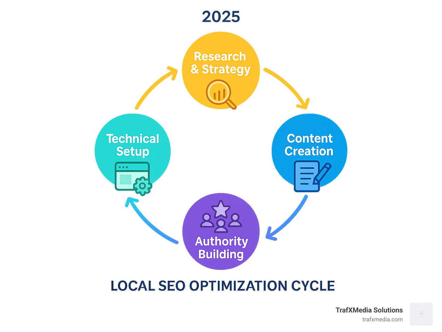 Infographic showing the local SEO optimization cycle: Research & Strategy, Technical Setup, Content Creation, Authority Building, Monitoring & Adjustment, with arrows connecting each phase in a continuous loop - SEO for small businesses in San Francisco infographic 