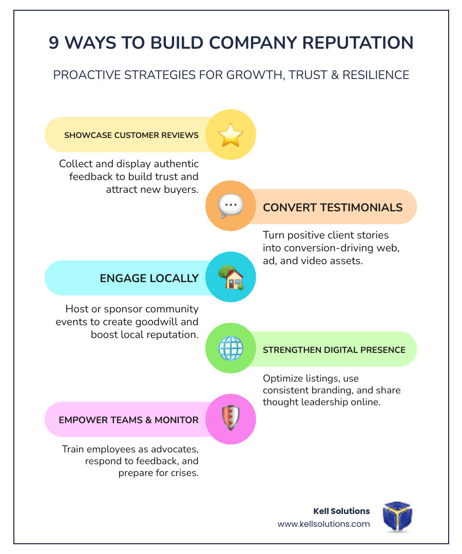 Detailed infographic showing the 9 reputation marketing tactics for Orange County businesses: customer reviews showcase, testimonial conversion assets, community event sponsorship, online presence optimization, social media engagement, thought leadership content, employee advocacy programs, monitoring and response systems, and crisis management planning