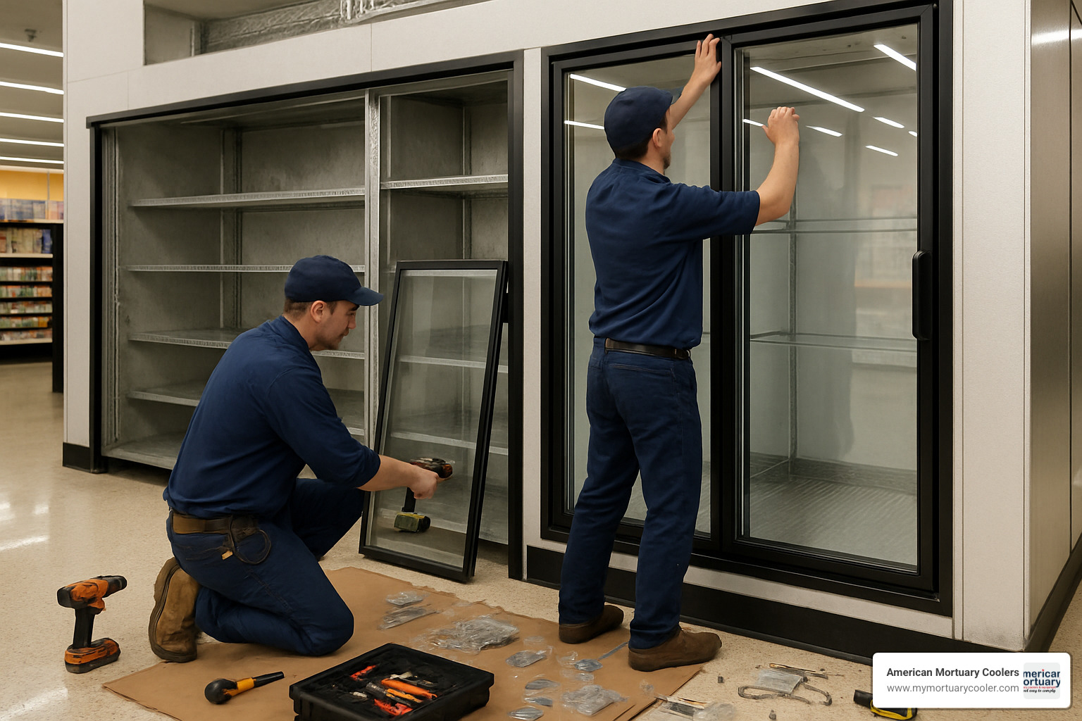 retrofit glass doors installation in progress - cooler doors