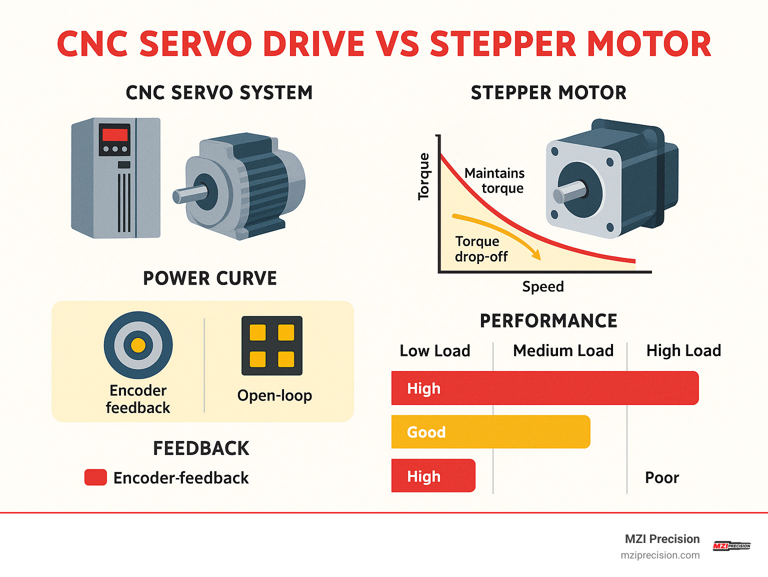 Detailed comparison infographic showing CNC servo drive vs stepper motor systems with power curves, feedback mechanisms, and performance characteristics across different load conditions - cnc servo drive infographic 