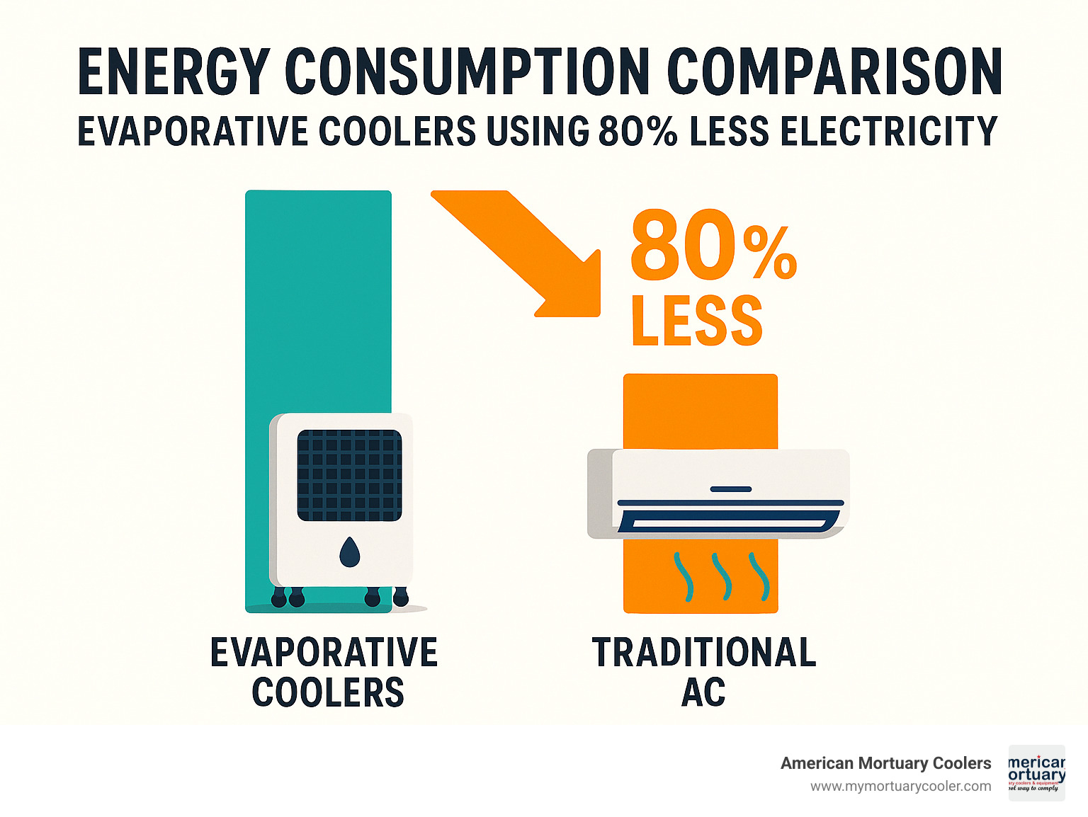 Energy consumption comparison chart showing evaporative coolers using 80% less electricity than traditional AC systems - evaporative air cooler fan infographic 