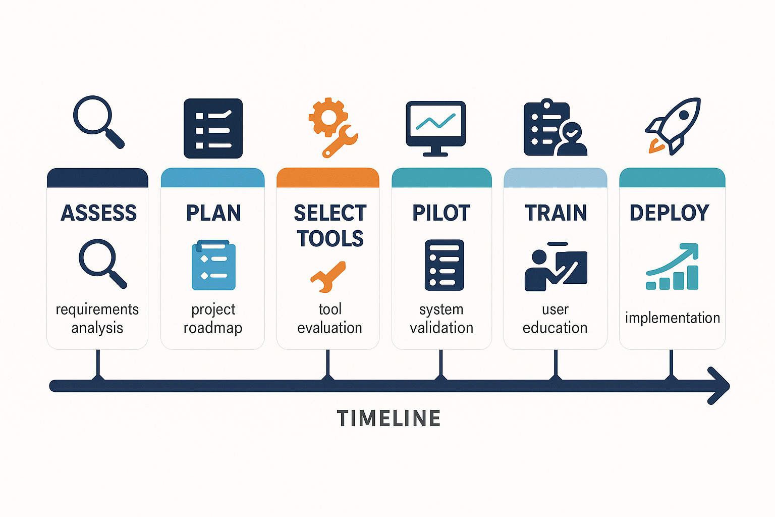 Implementation roadmap showing 8 phases: assess, plan, select tools, pilot, test, train, deploy, and optimize, with timeline and key deliverables for each phase - business process automation guide