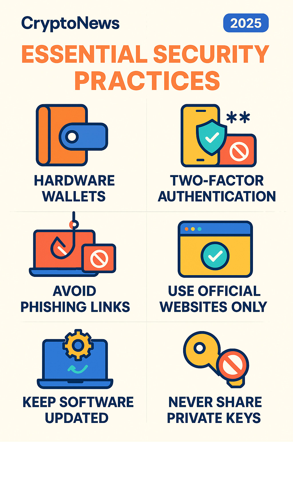 Infographic showing security best practices: hardware wallets, two-factor authentication, avoiding phishing links, using official websites only, keeping software updated, and never sharing private keys - crypto news infographic