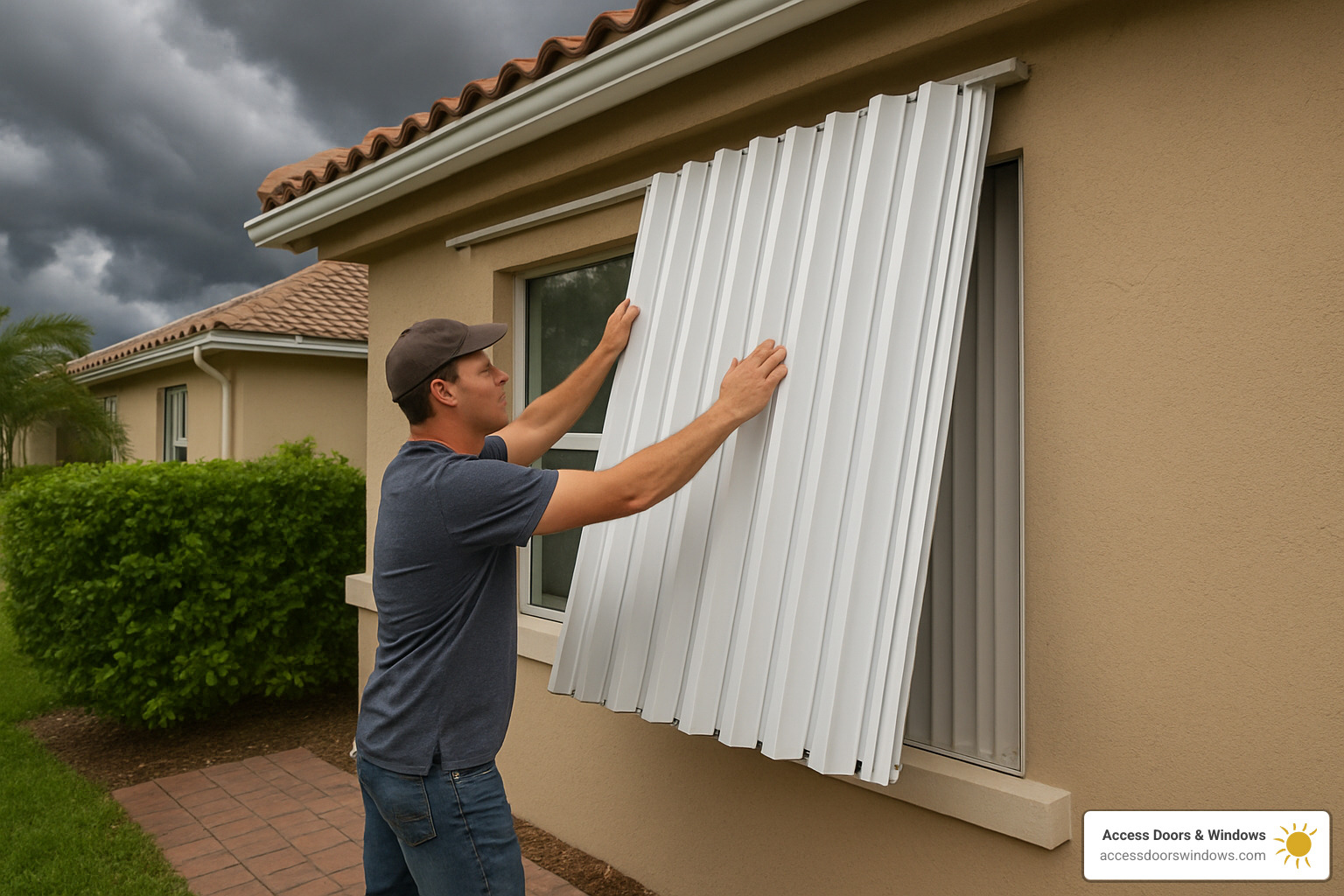 Homeowner easily deploying accordion shutters in preparation for approaching storm - hurricane storm protection