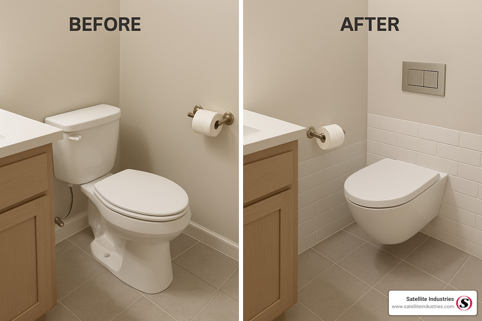 small bathroom change showing before and after with wall-hung toilet installation - wall-hung toilet benefits