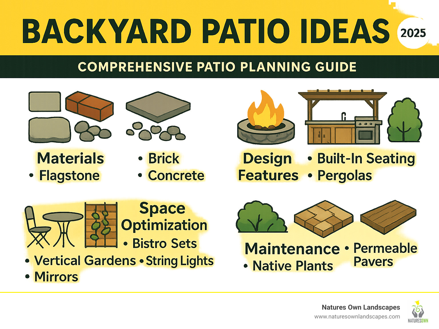 Comprehensive patio planning guide showing material selection, design features, space optimization techniques, and maintenance considerations for different budgets and yard sizes - backyard patio ideas infographic 