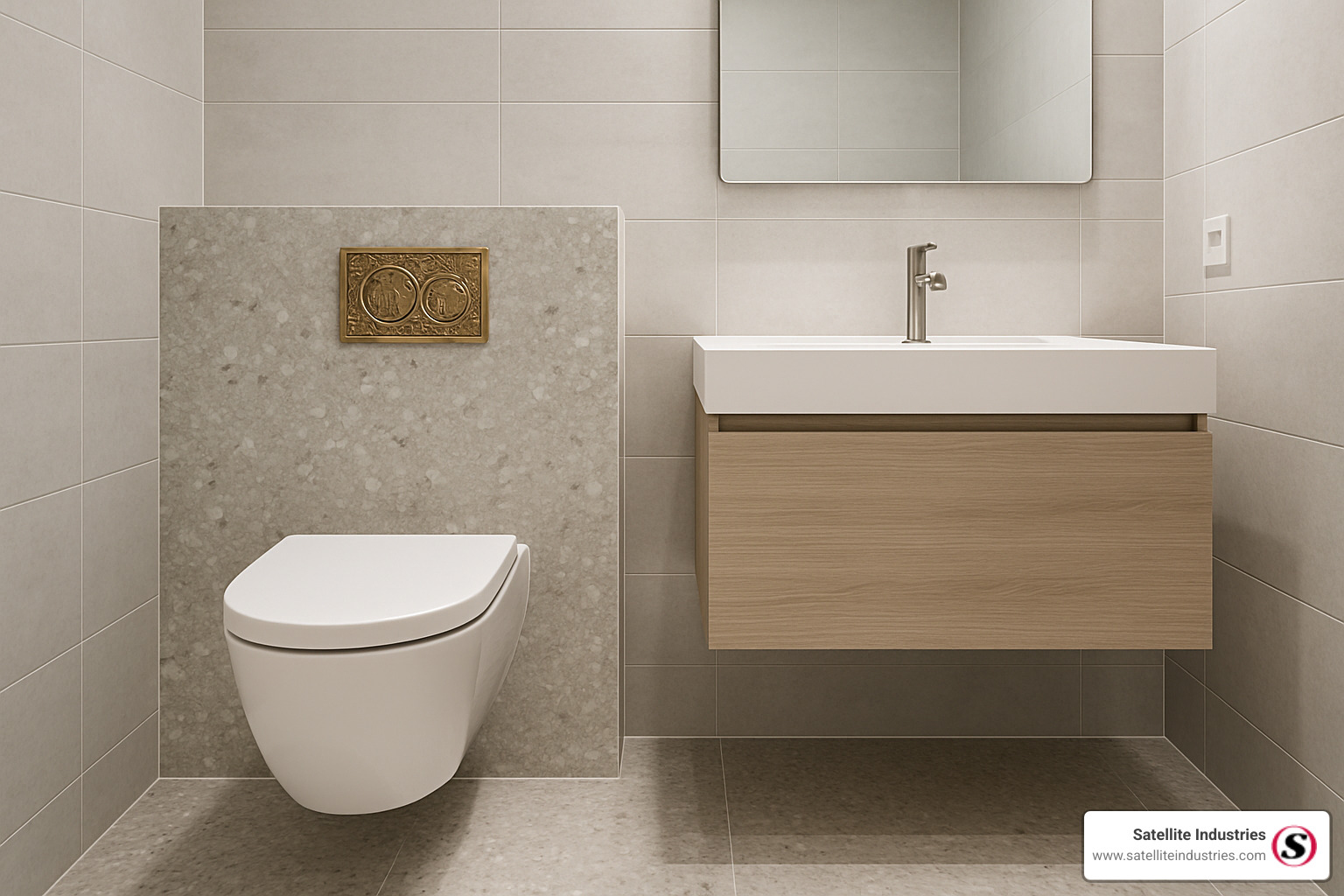designer bathroom featuring wall-hung toilet with decorative flush plate - wall-hung toilet benefits