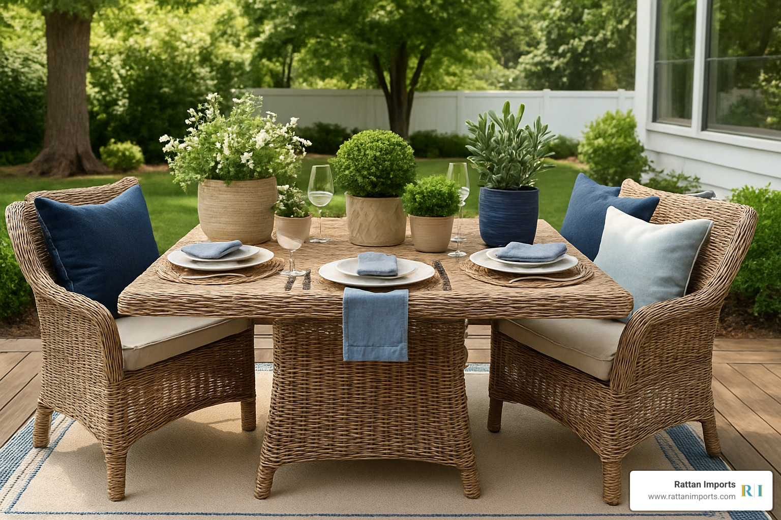 styled outdoor dining tablescape with wicker furniture - outdoor wicker dining table and chairs