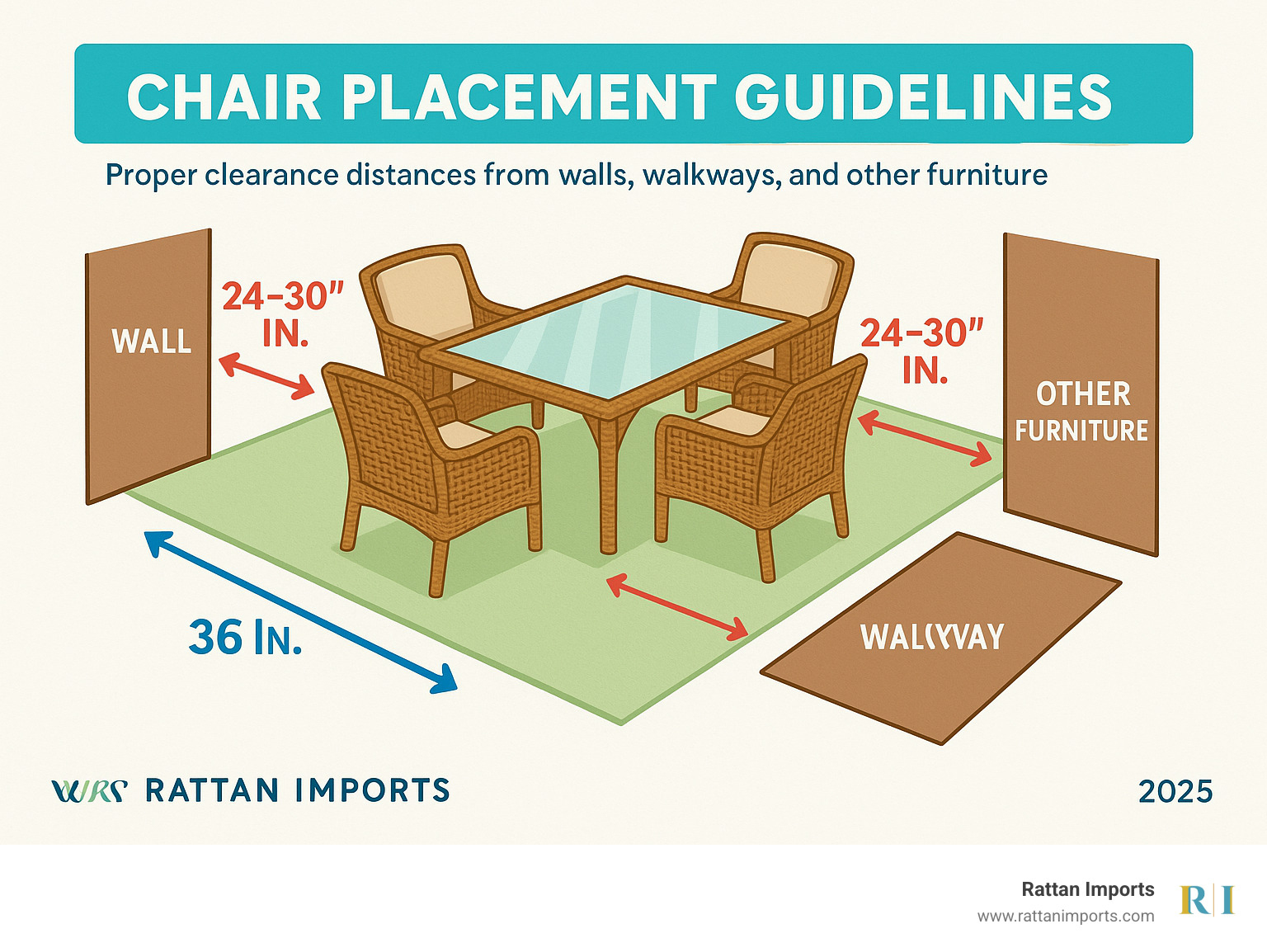 Chair placement guidelines showing proper clearance distances from walls, walkways, and other furniture pieces for optimal outdoor dining comfort and traffic flow - outdoor wicker dining table and chairs infographic 