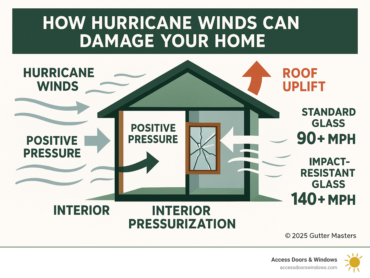 Infographic showing how hurricane winds create positive and negative pressure on different sides of windows, leading to glass failure and internal pressurization that can cause roof uplift, with statistics on wind speeds required to break standard vs impact-resistant glass - hurricane storm protection infographic 