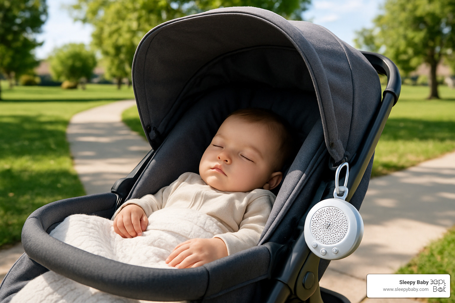 Baby sleeping peacefully in stroller with portable sleep soother clipped to the side - portable sleep soother